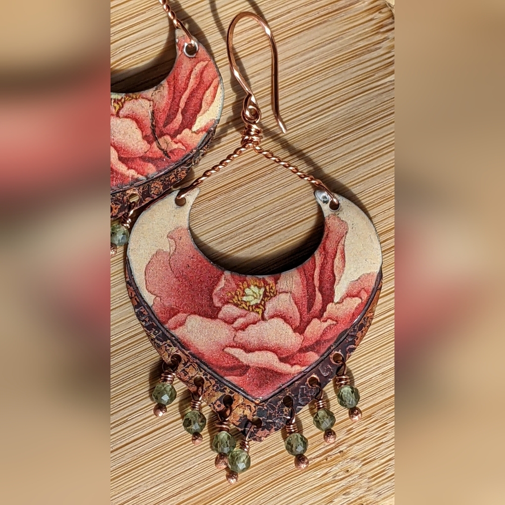 Pink Flower Earrings Artisan Crafted Copper Statement Jewelry